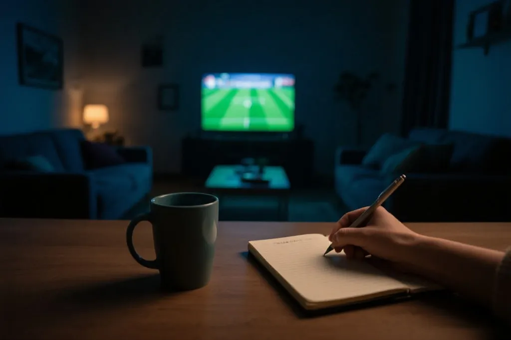 深夜客厅里观看淘汰赛，屏幕光映在杯子与笔记上