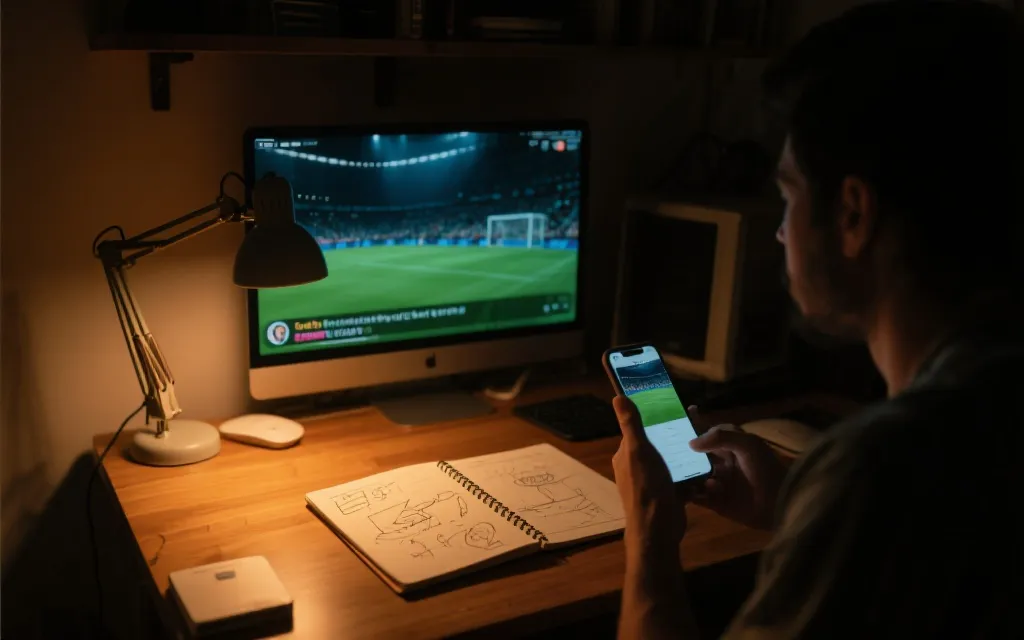 深夜看球的社群互动场景：手机聊天界面、直播弹幕与战术笔记的组合画面