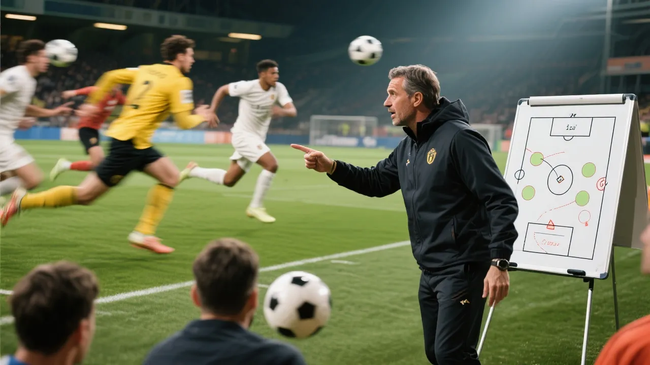 教练在场边指挥，高压逼抢与控球切换的战术板氛围